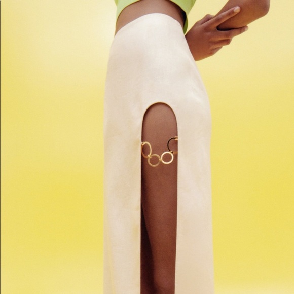 New Zara Midi Skirt 100% Linen Gold Detail - Picture 7 of 16